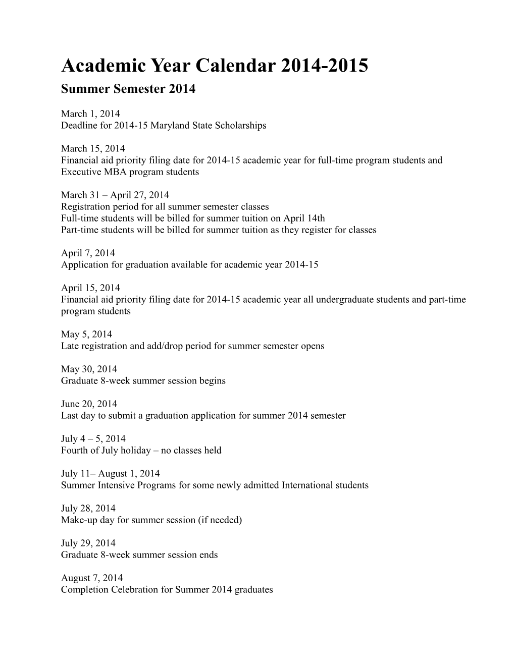 Academic Year Calendar 2014-2015