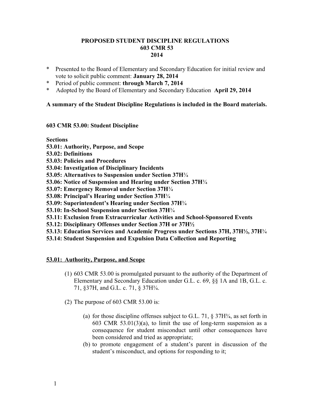 Proposed Student Discipline Regulations 603 CMR 53, Clean Version