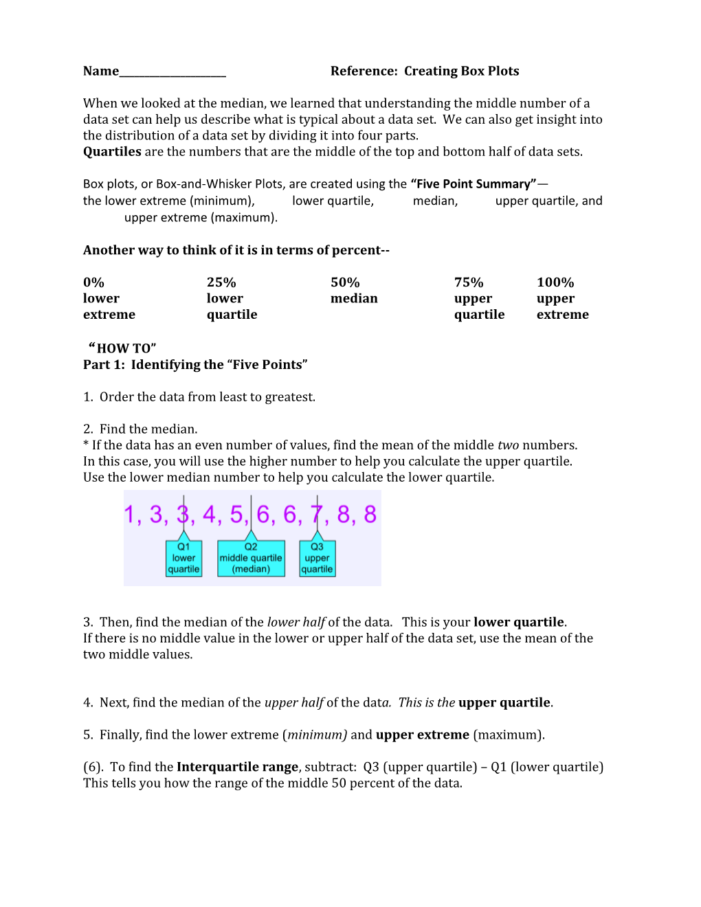 Name______ Reference: Creating Box Plots