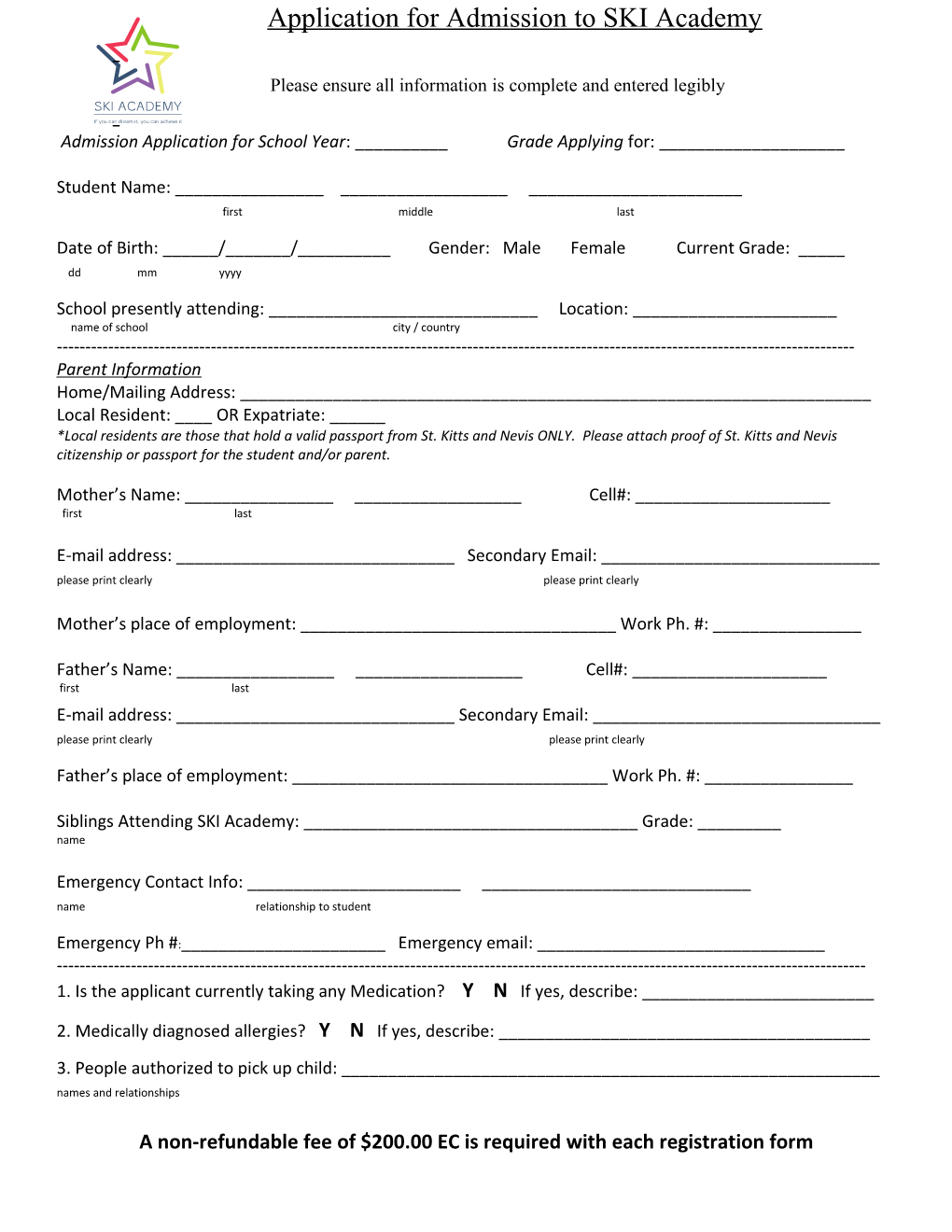 Application for Admission to SKI Academy