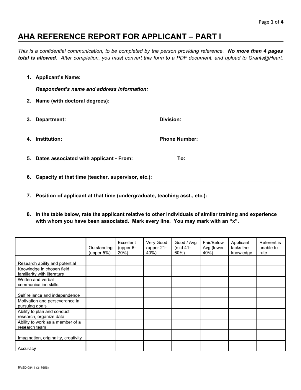 Aha Reference Report for Applicant Part I