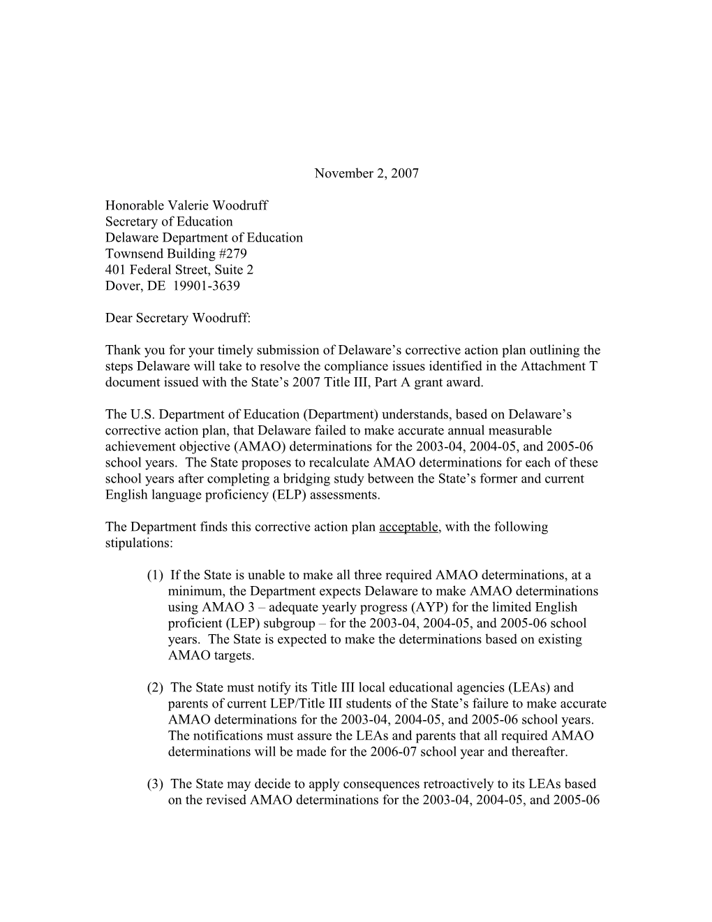 Letter Regarding the Title III, Part a Grant Award Made to Delaware MS Word