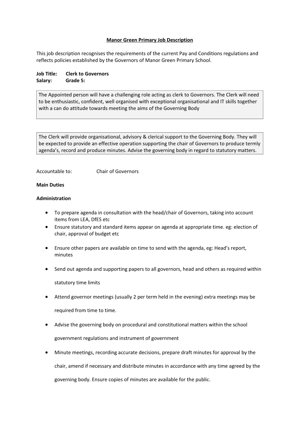 Manor Green Primary Job Description