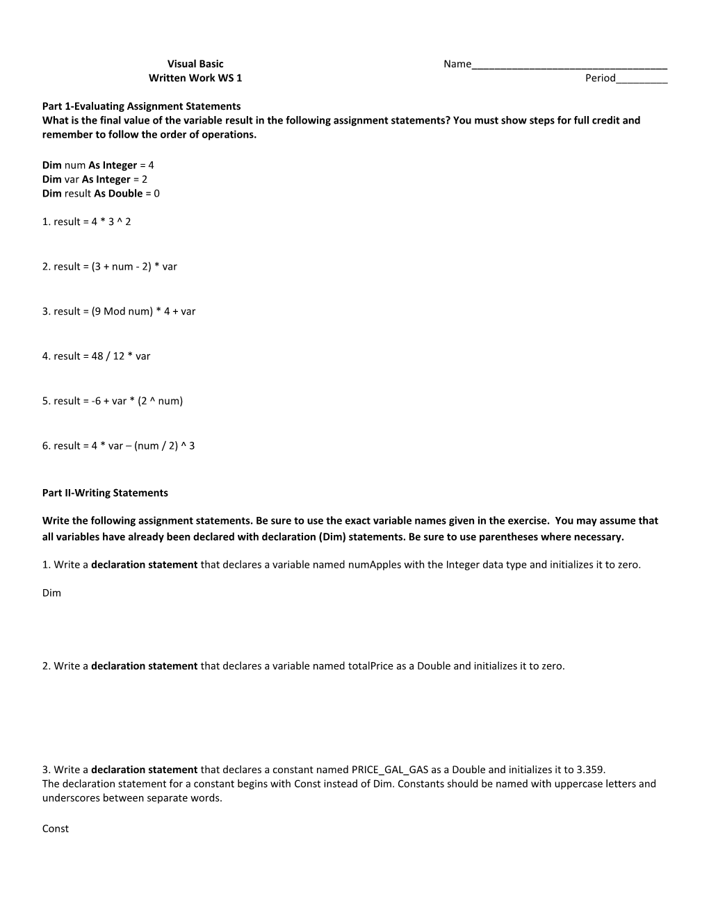 Part 1-Evaluating Assignment Statements