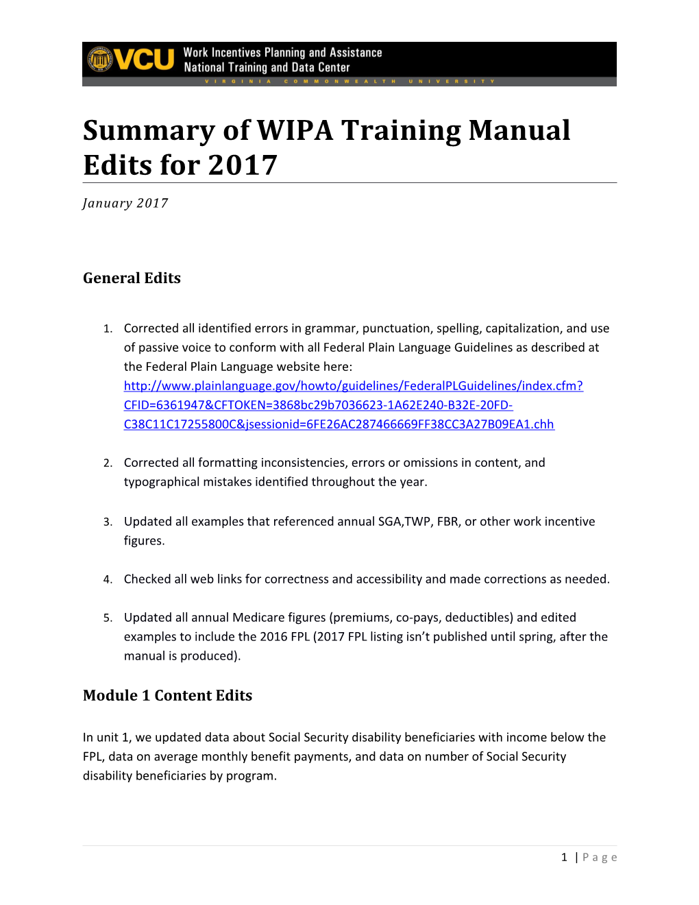 Summary of WIPA Training Manual Edits for 2017