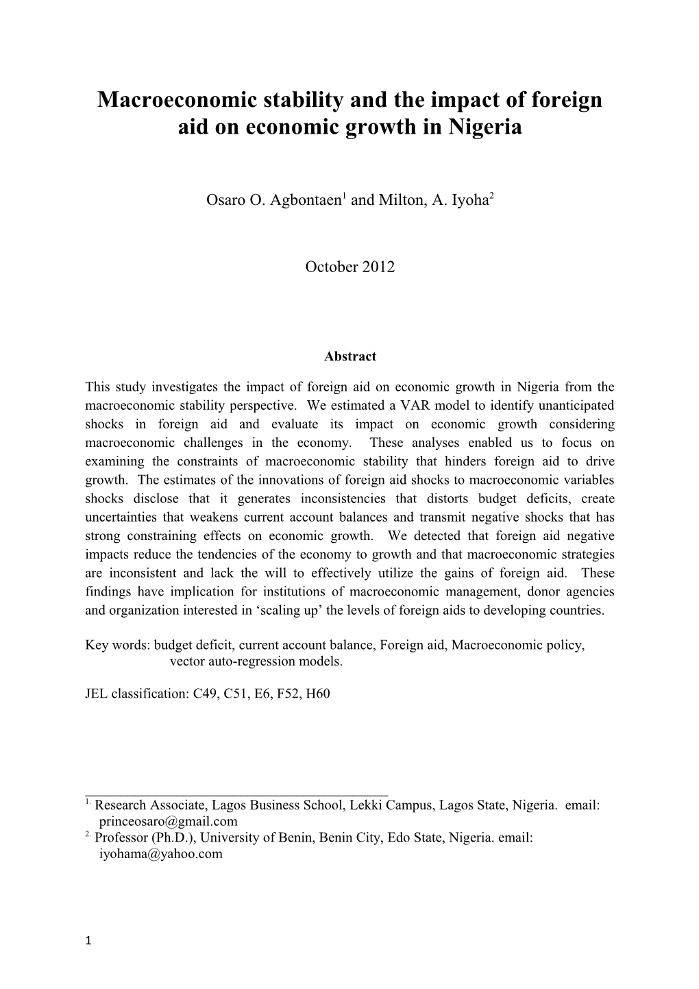 Macroeconomic Stability and the Impact of Foreign Aid on Economic Growth in Nigeria