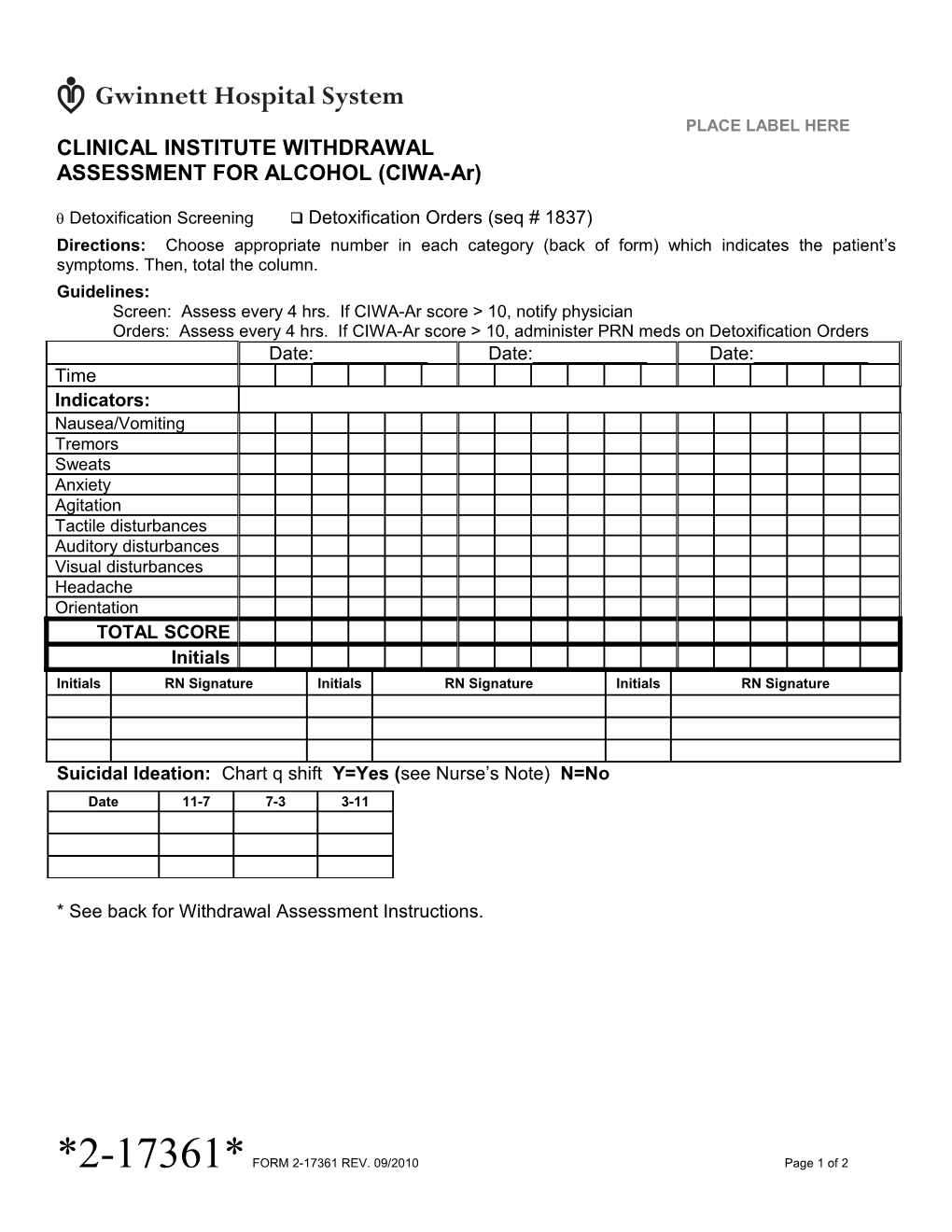 Clinical Institute Withdrawal Assessment for Alcohol (CIWA-Ar)