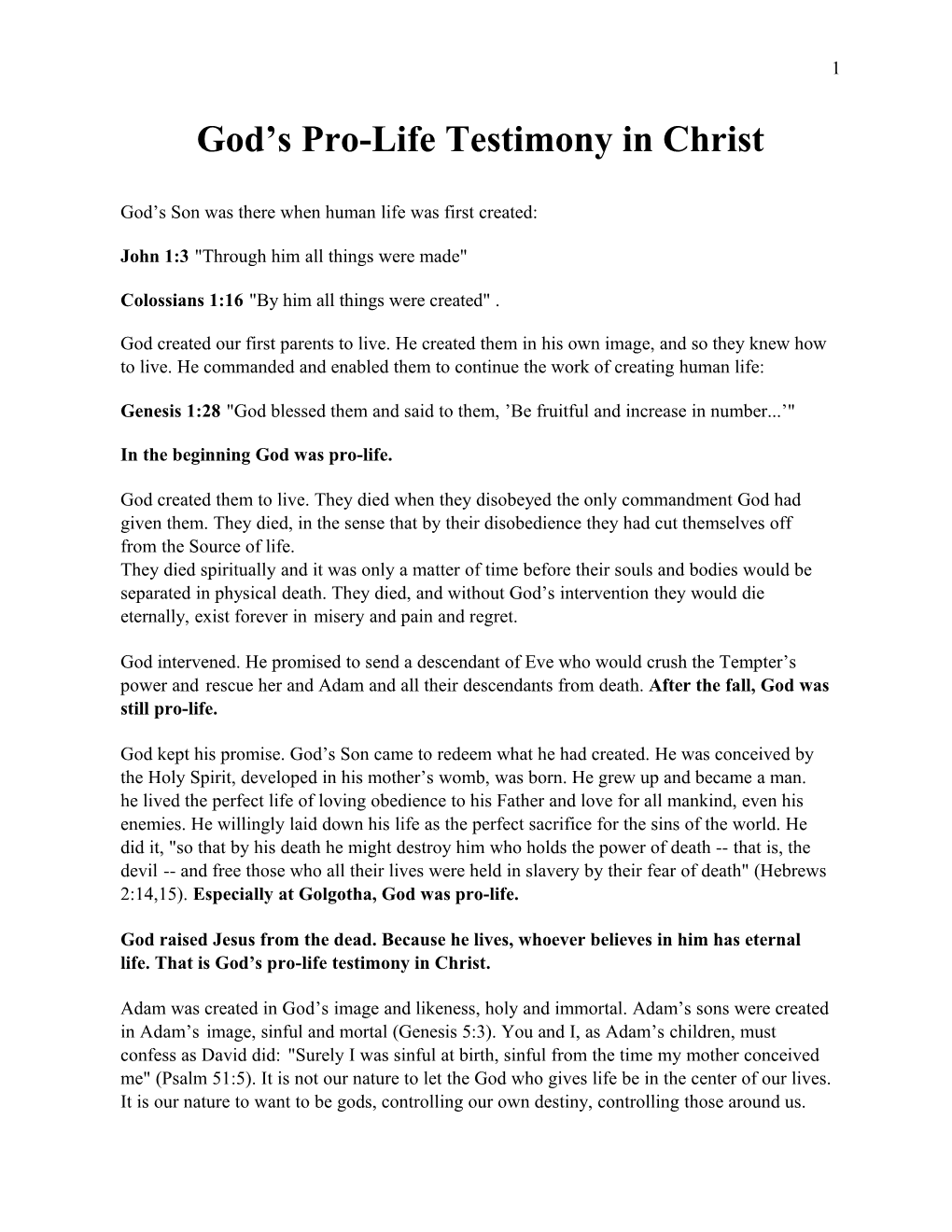 God S Pro-Life Testimony in Christ