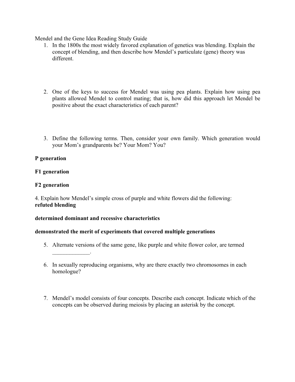 Mendel and the Gene Idea Reading Study Guide