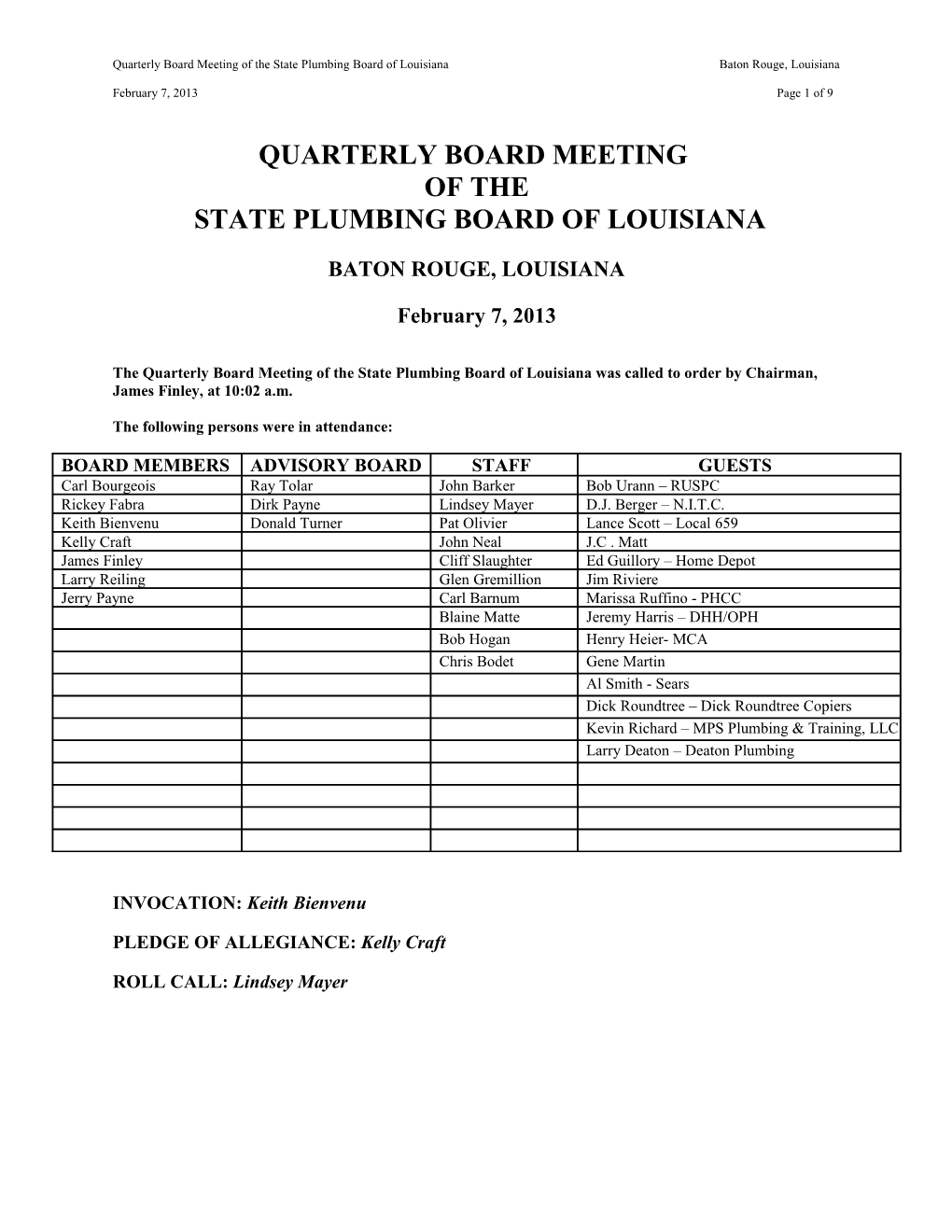 Quarterly Board Meeting of the State Plumbing Board of Louisiana Baton Rouge, Louisiana