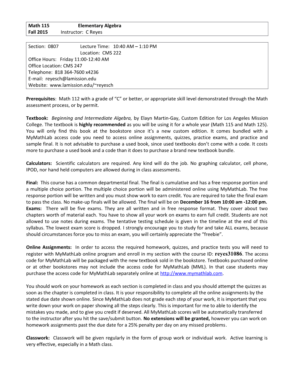 Math 115 Sample Syllabus