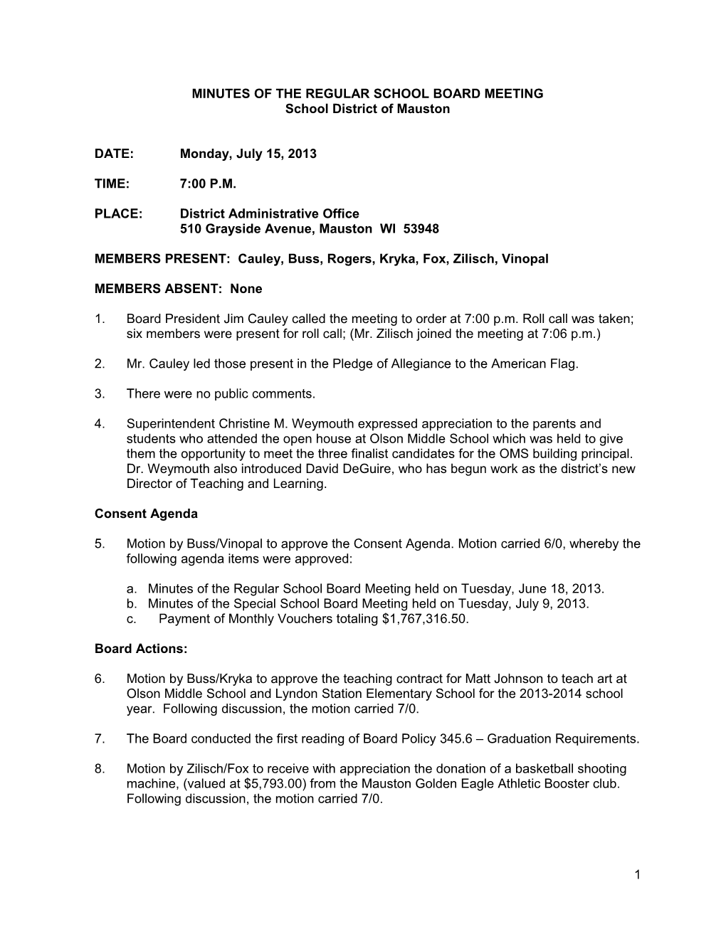 Minutes of the Regular School Board Meeting