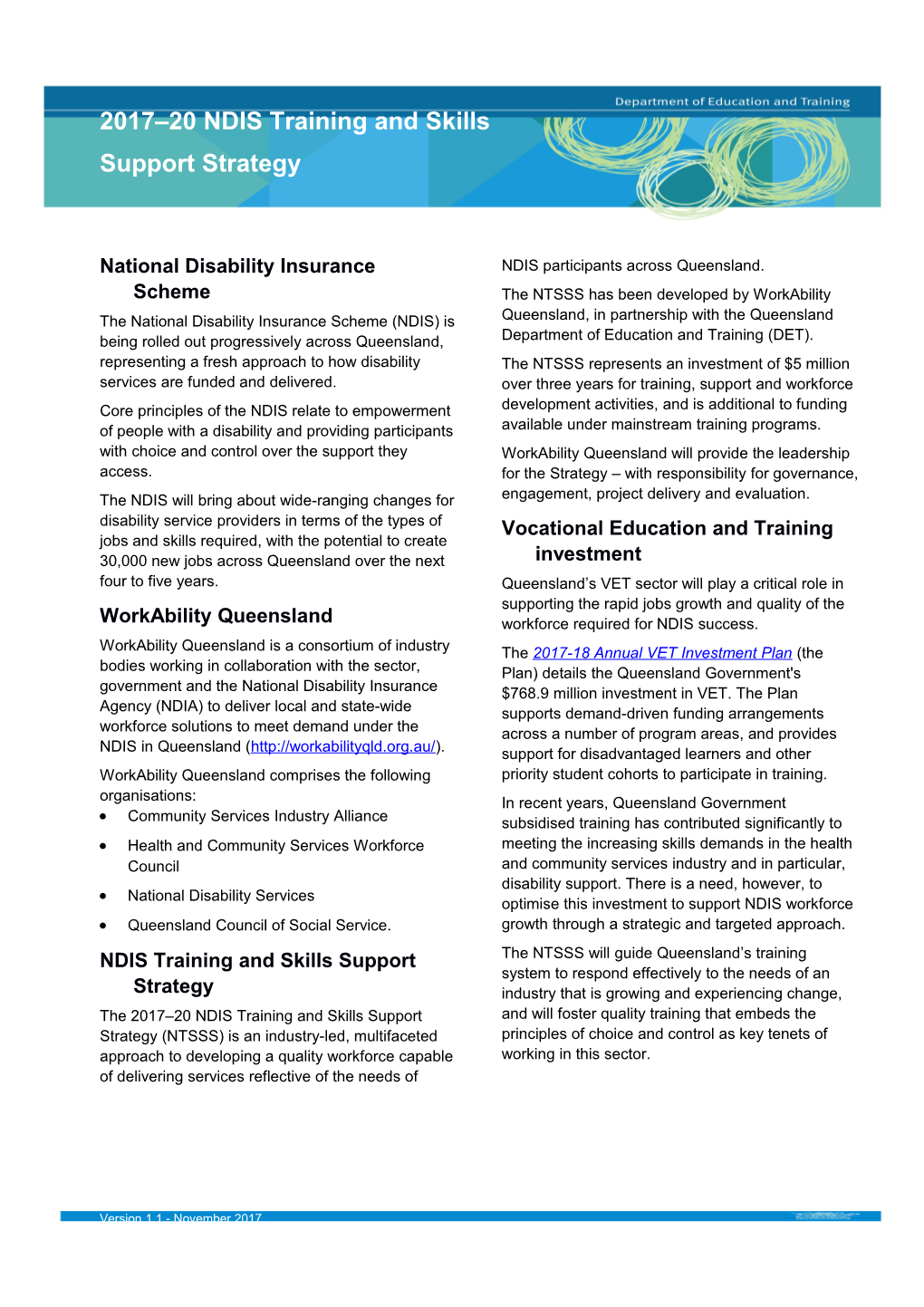 2017-20 NDIS Training and Skills Support Strategy Fact Sheet