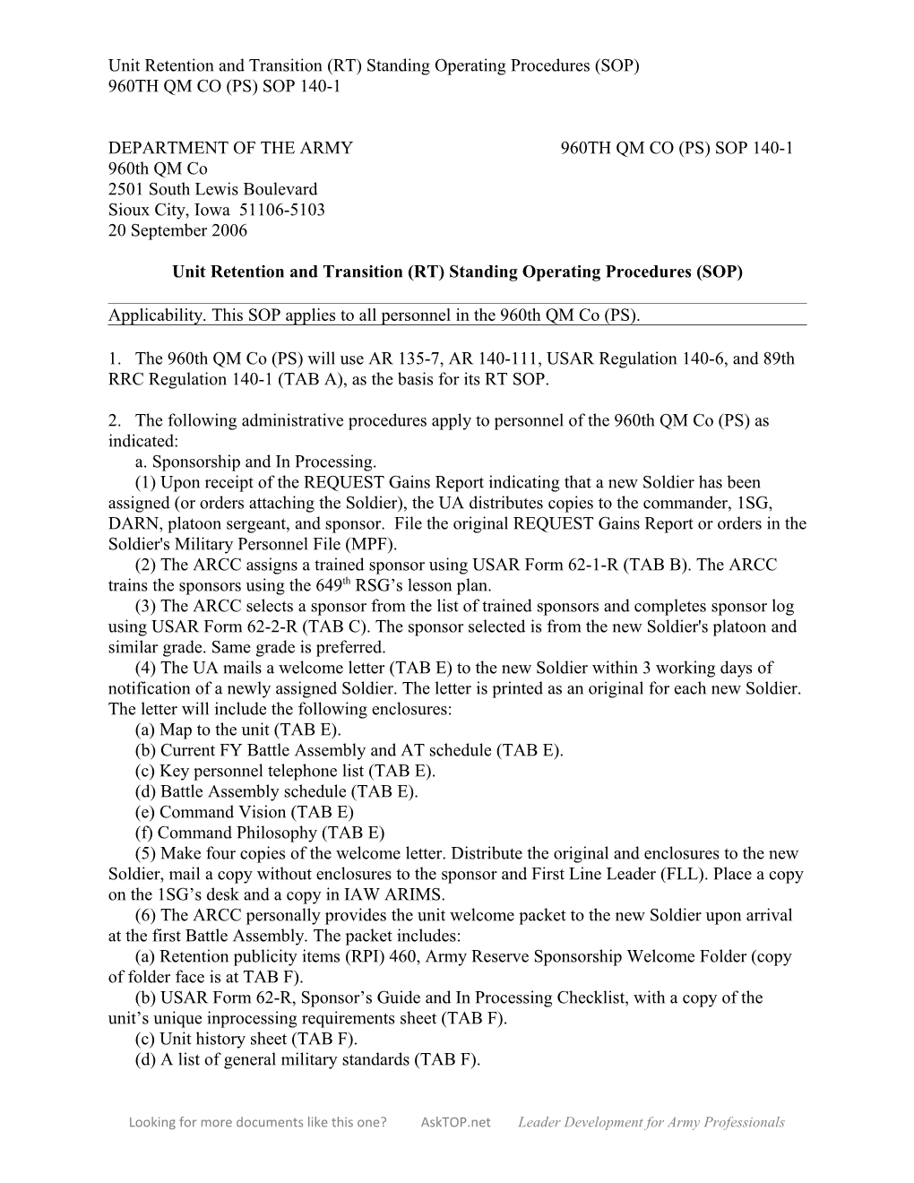 Unit Retention and Transition (RT) Standing Operating Procedures (SOP)