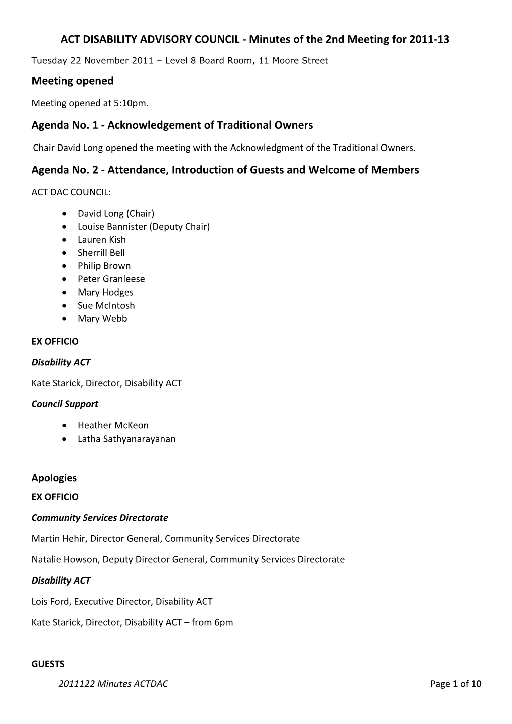 ACT DISABILITY ADVISORY COUNCIL - Minutes of the 2Nd Meeting for 2011-13