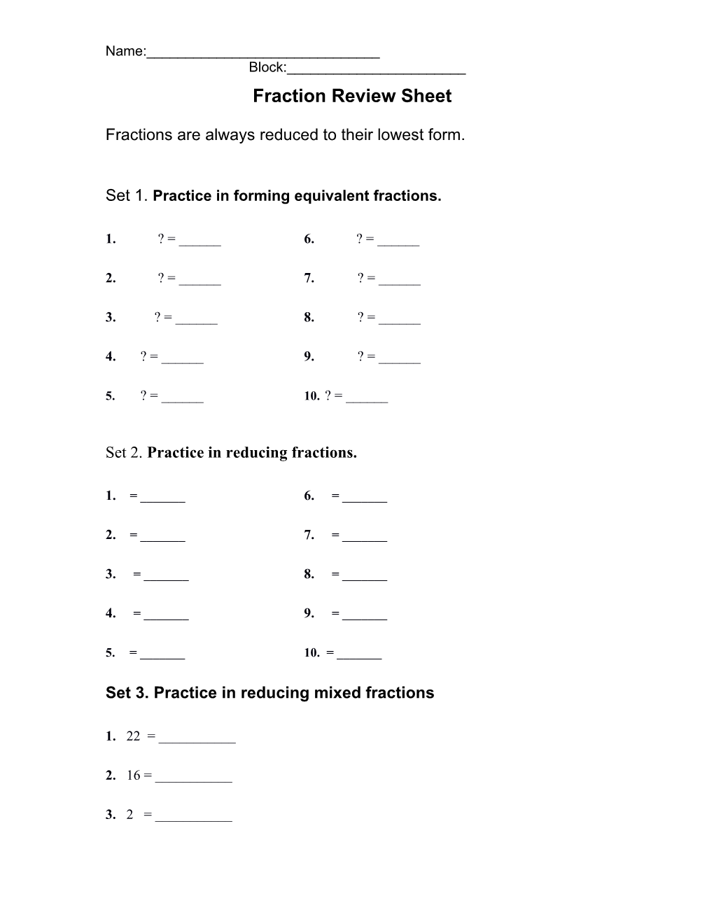 Fraction Review Sheet