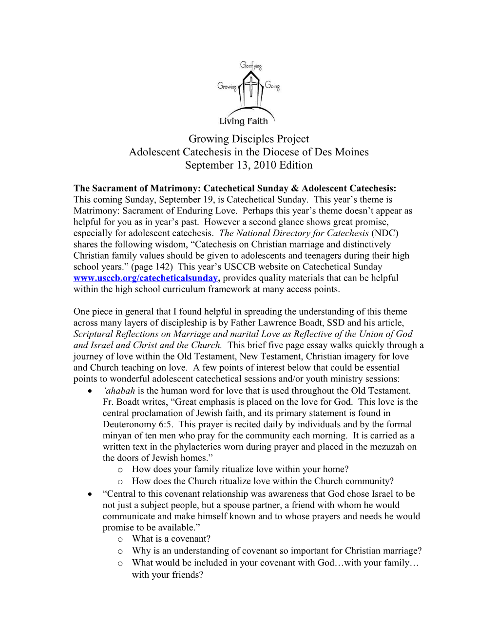 Adolescent Catechesis in the Diocese of Des Moines