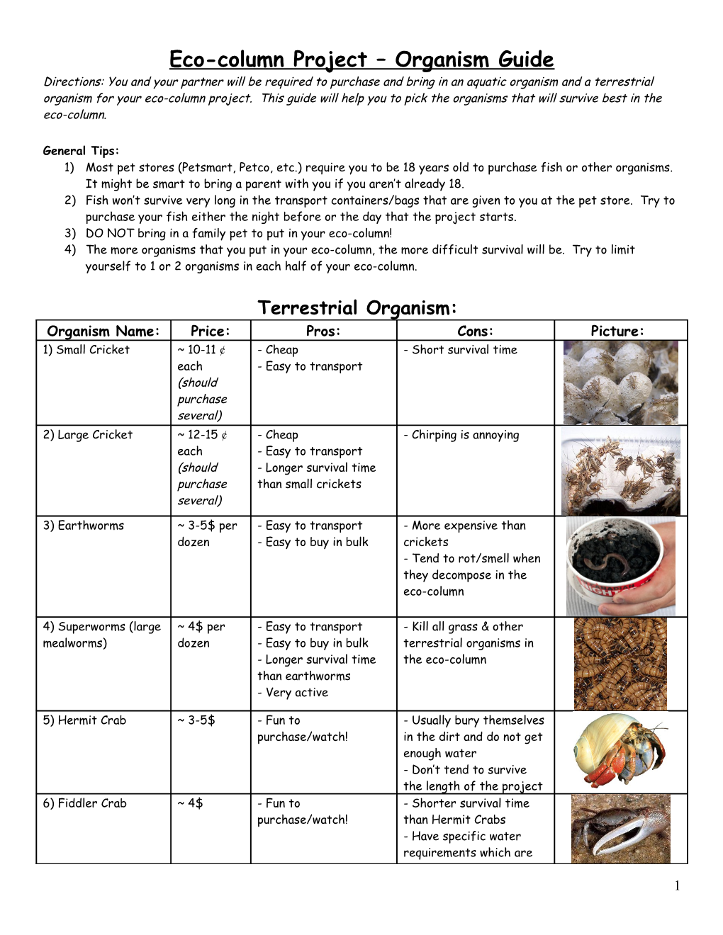 Eco-Column Project Organism Guide