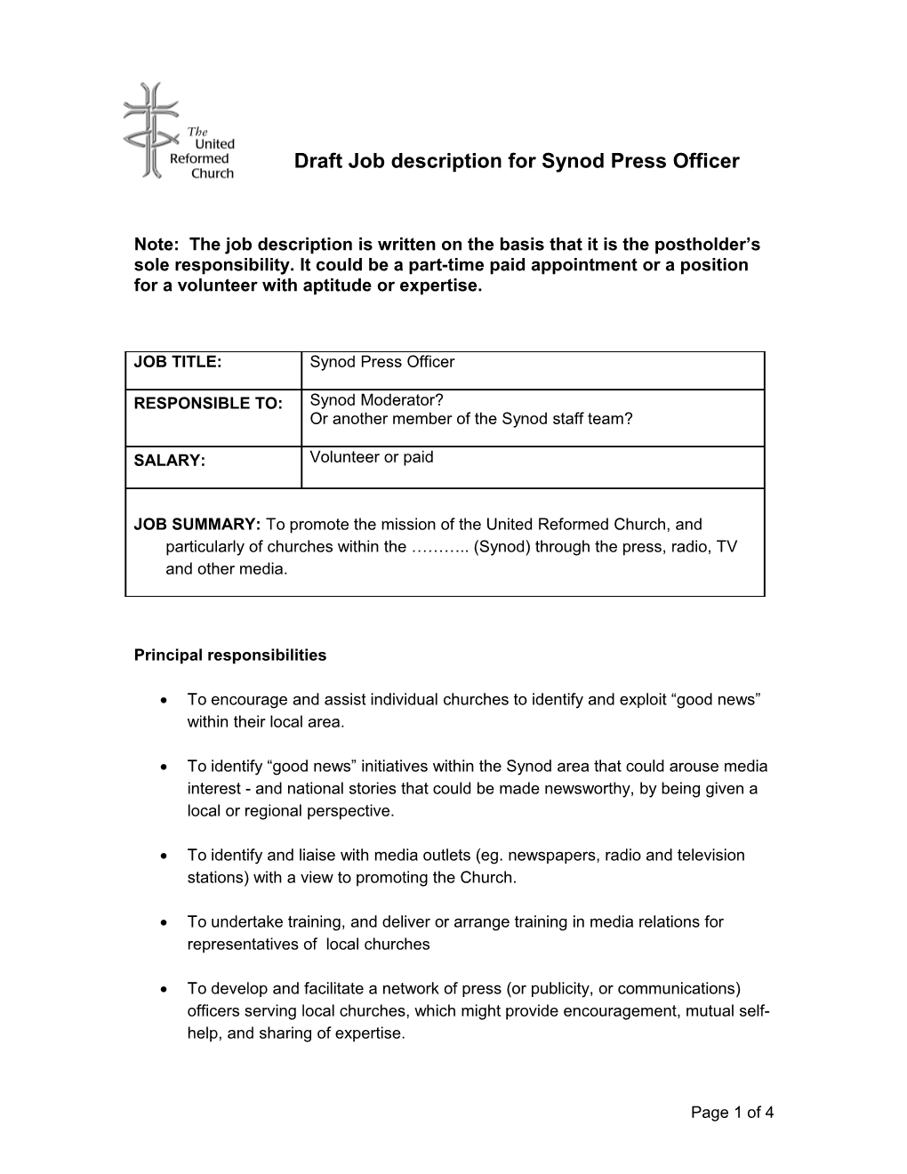 Draft Job Description for Synod Press Officer