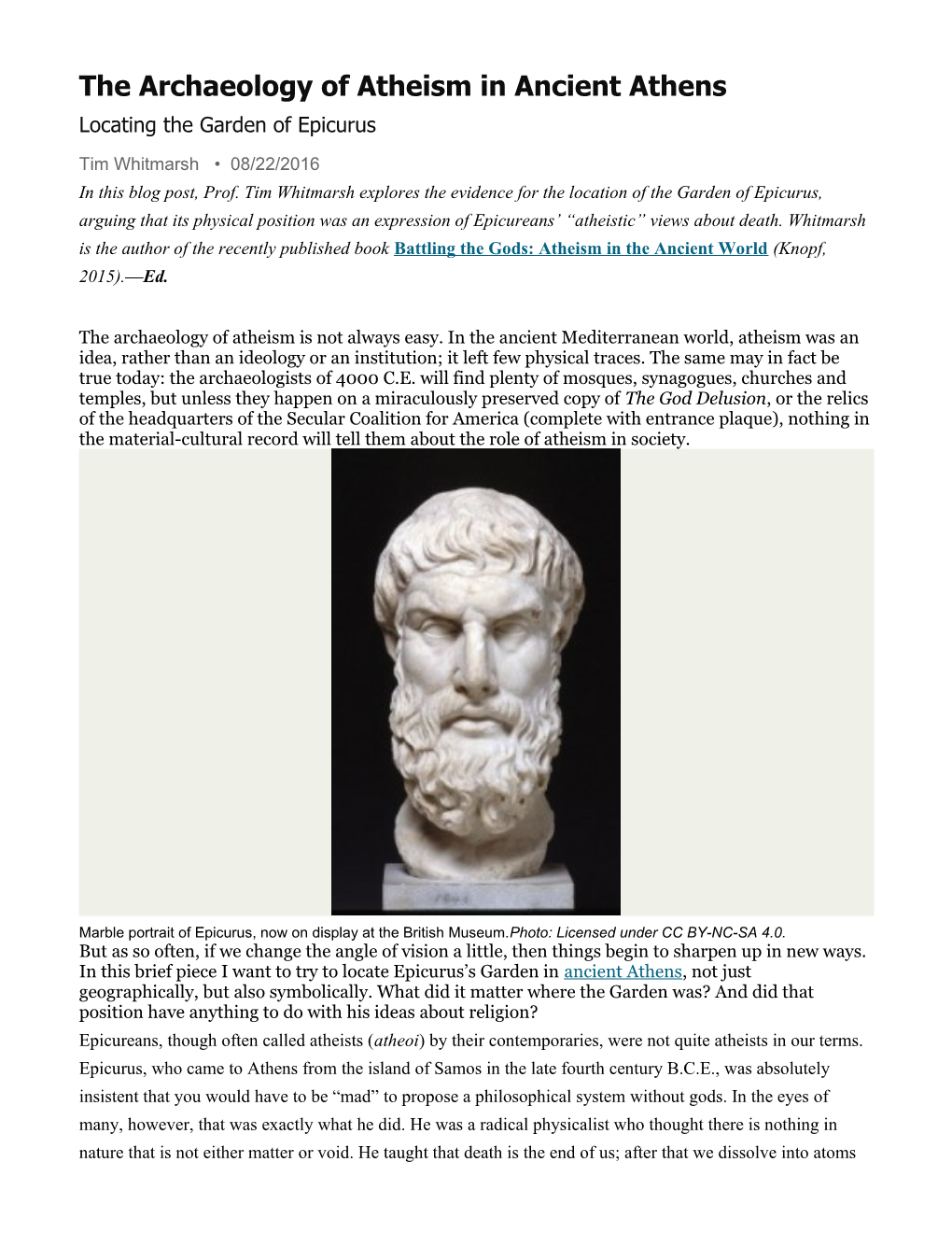 The Archaeology of Atheism in Ancient Athens