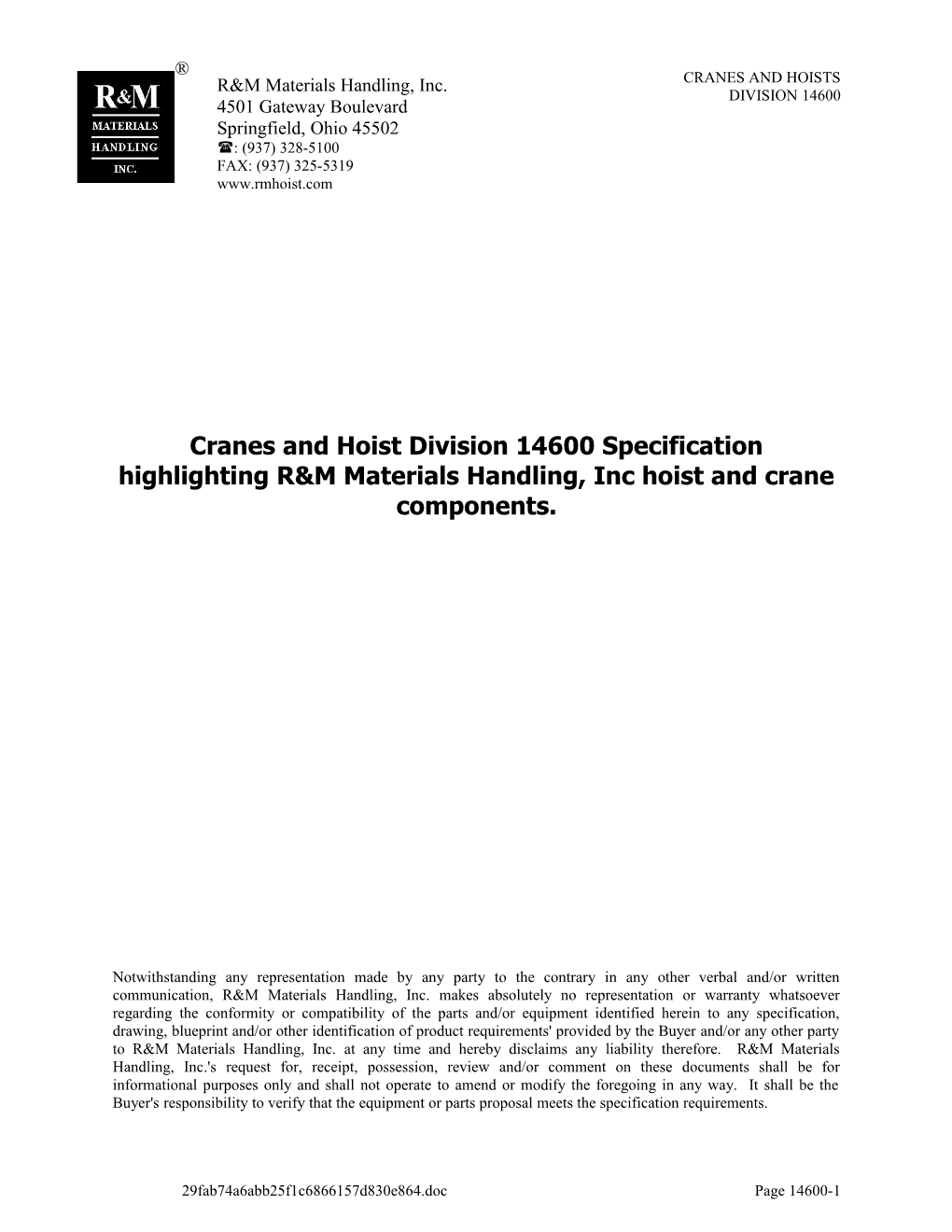 Cranes and Hoist Division 14600 Specification Highlighting R&M Materials Handling, Inc