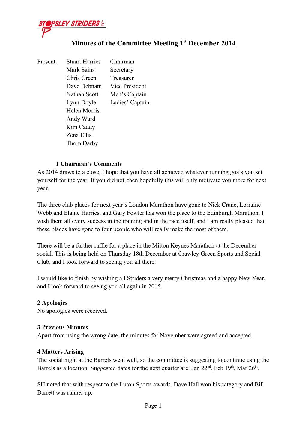 Minutes of the Committee Meeting 1St December 2014