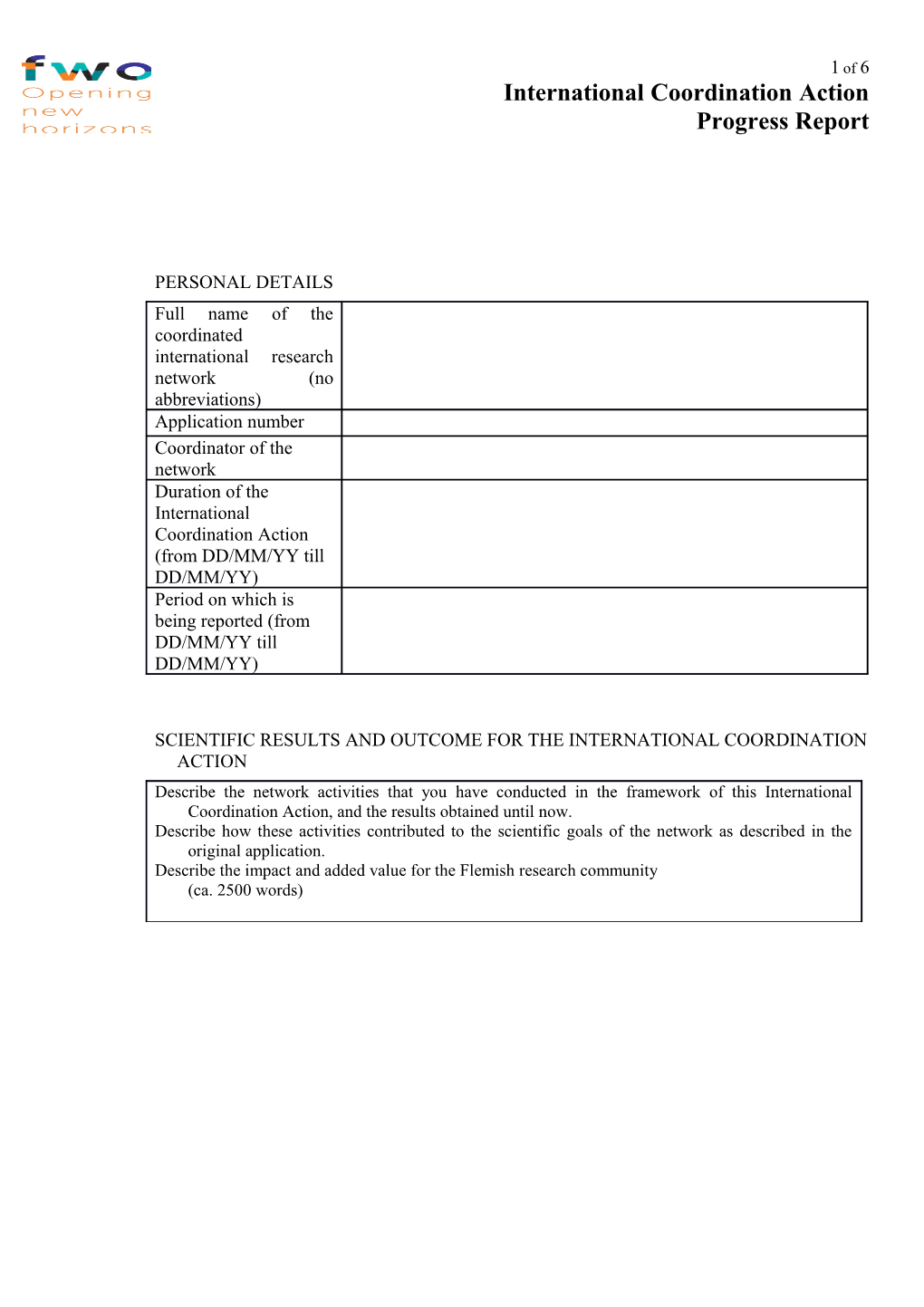 Template Progress Report International Coordination Action