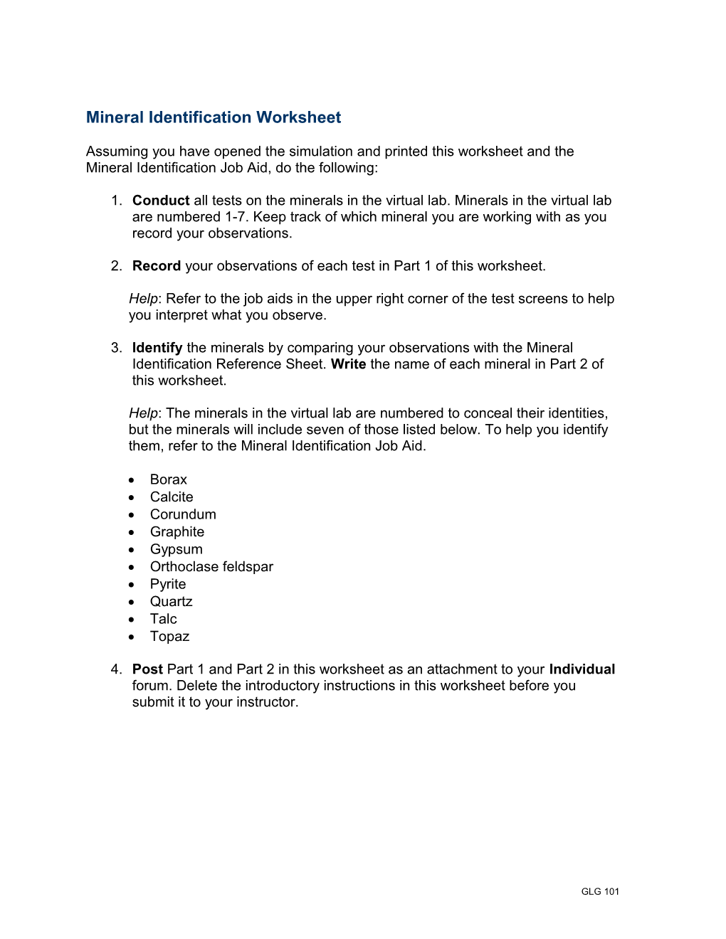 Mineral Identification Worksheet