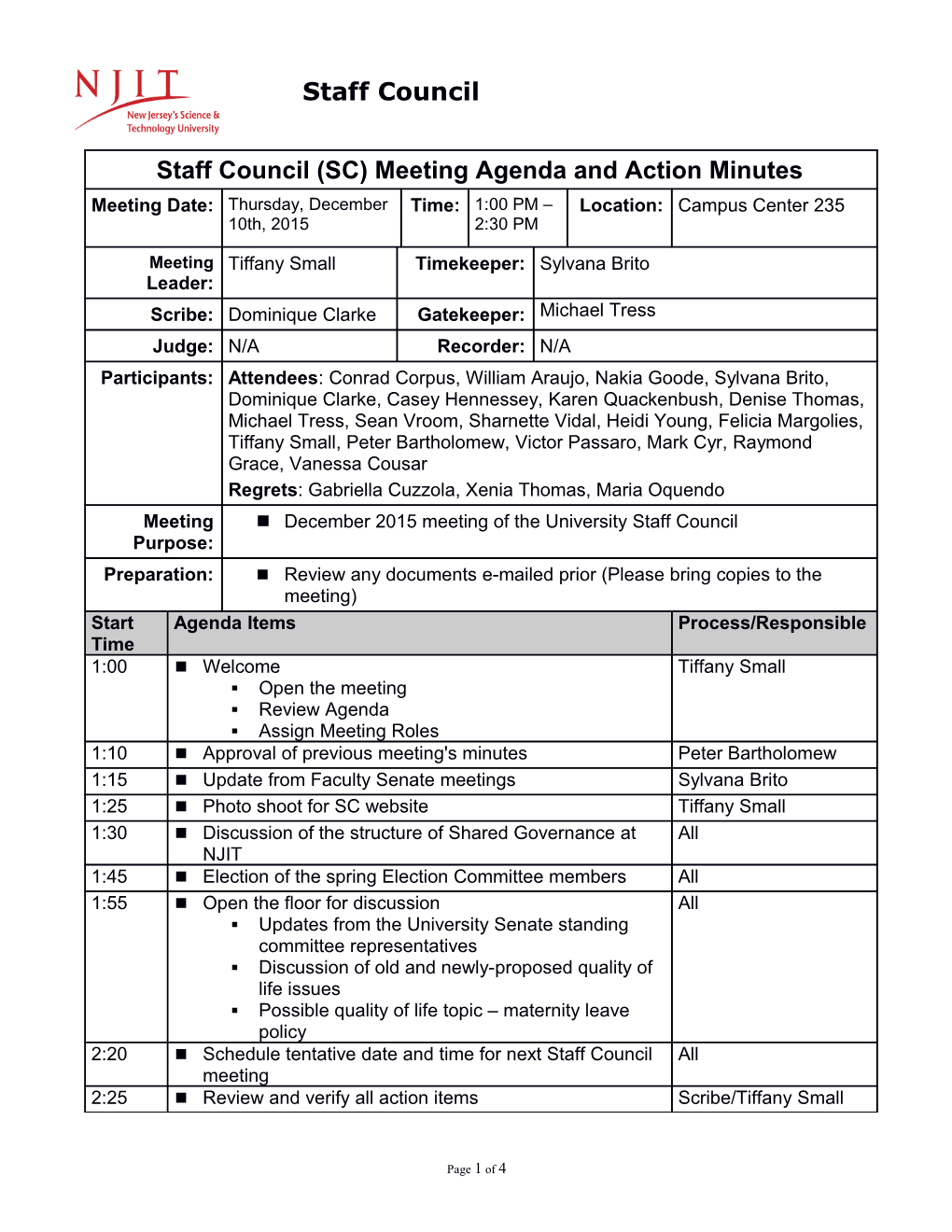 Staff Council (SC) Meeting Agenda and Action Minutes