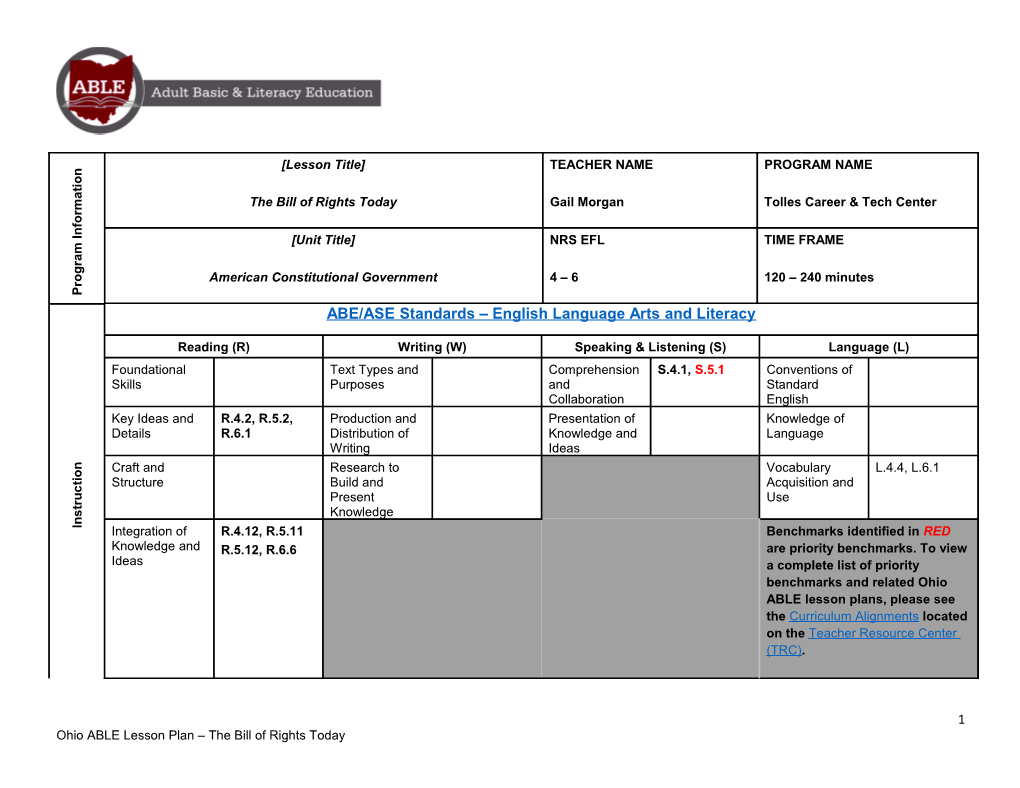 Ohio ABLE Lesson Plan the Bill of Rights Today