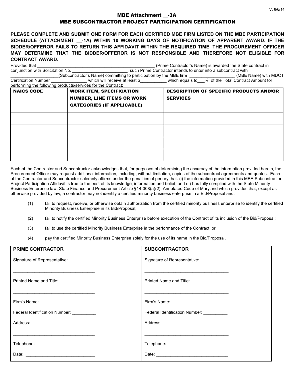 MBE Attachment 3A MBE Subcontractor Participation Certification