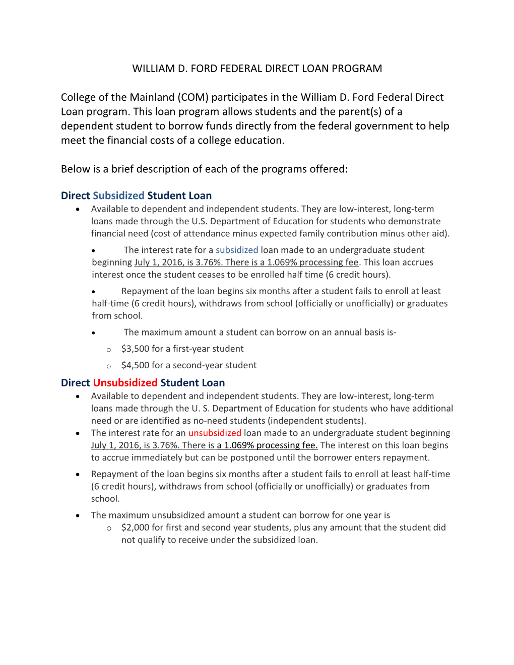 William D. Ford Federal Direct Loan Program