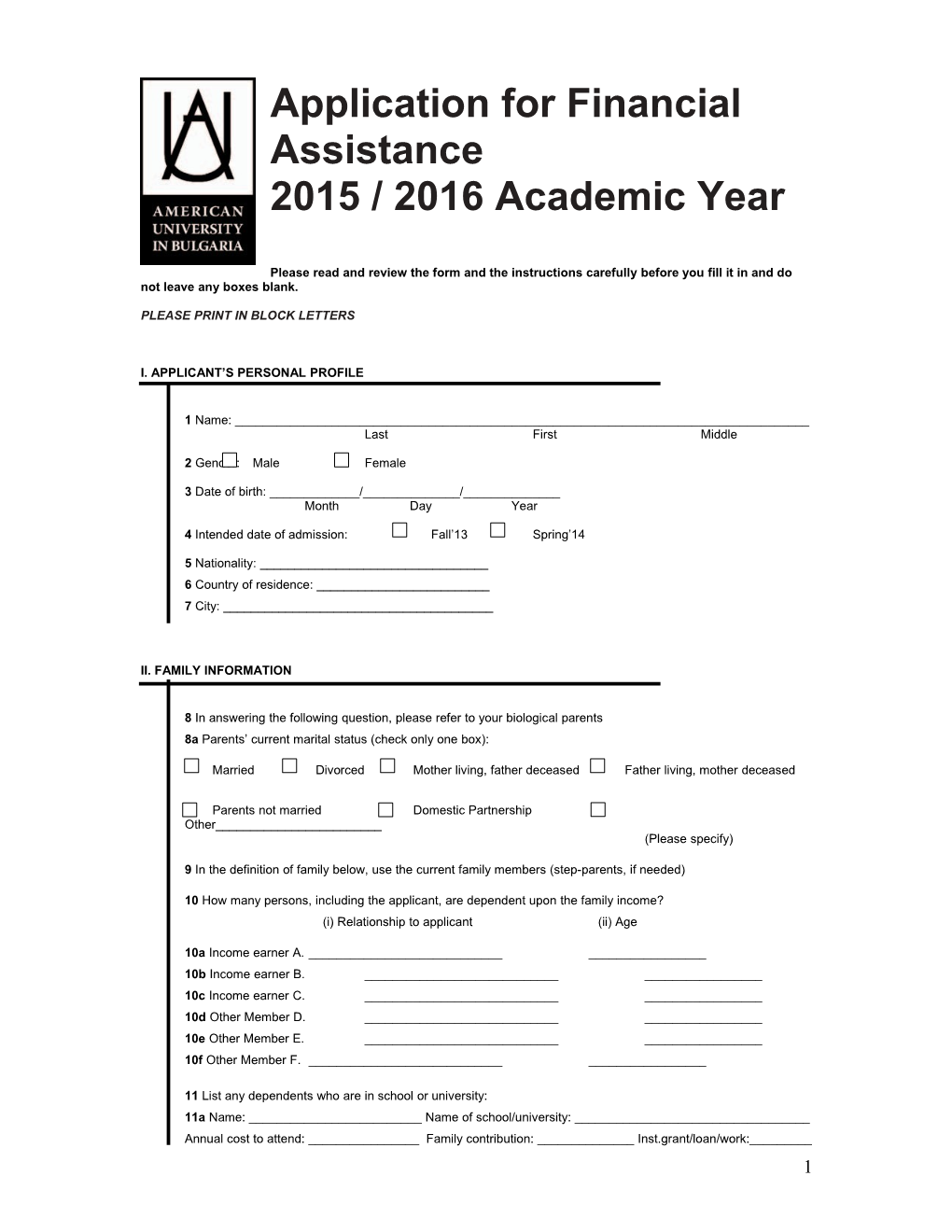 Instructions for Completing Financial Assistance Form 2012 / 2013