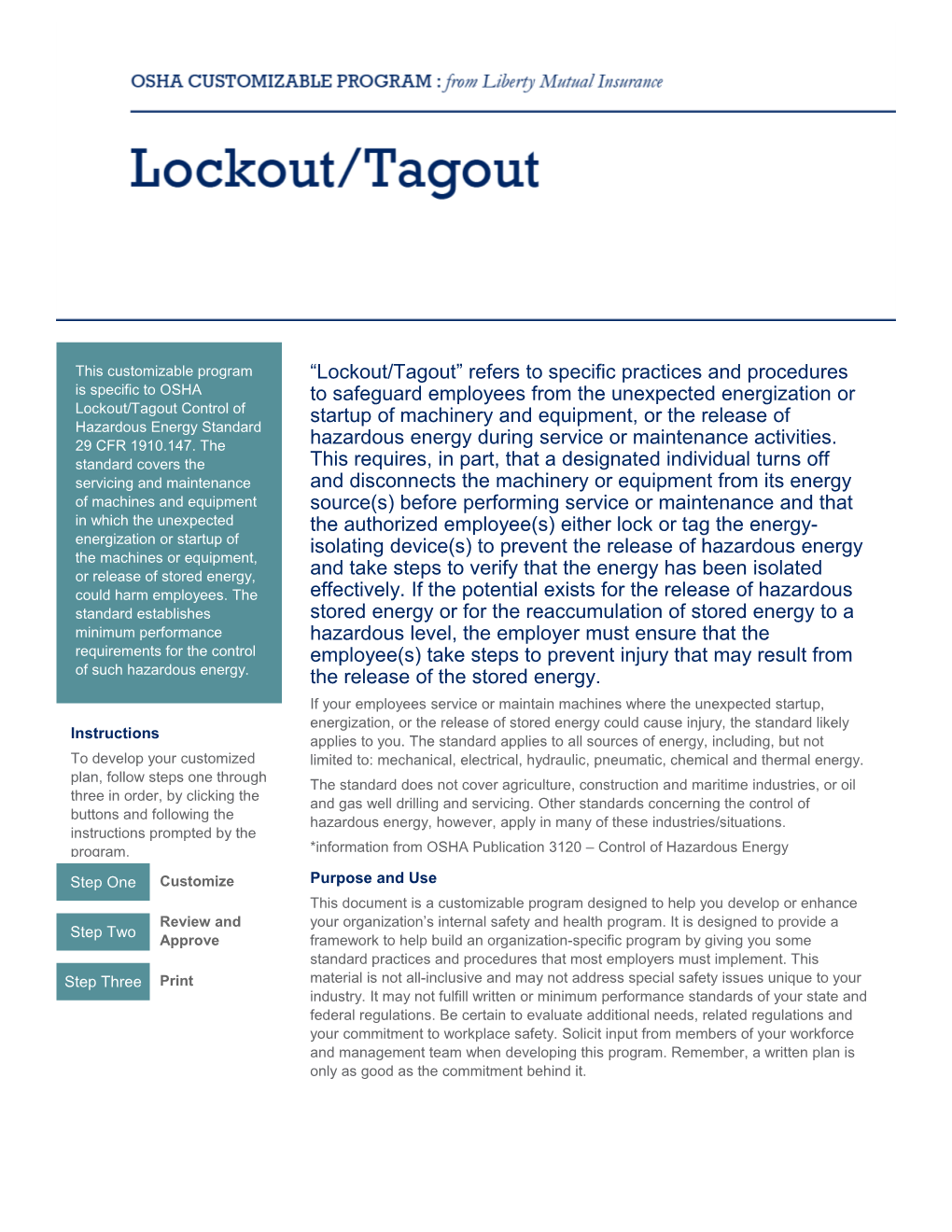 OSHA Customizable Program: Lockout/Tagout, LC 4505