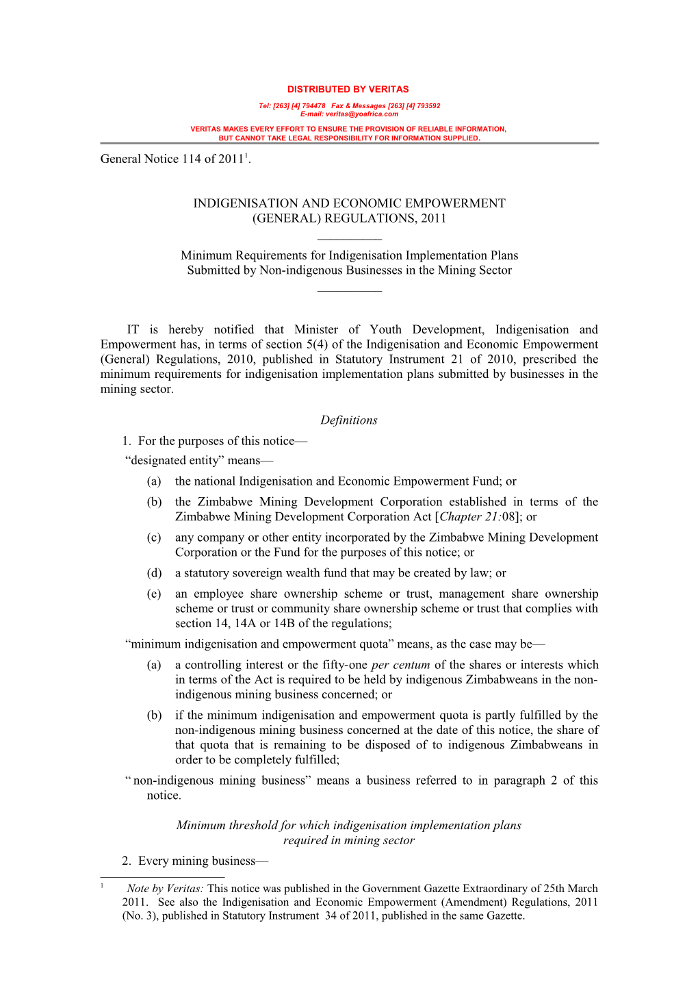 GN 2011-114 - Indigenisation &C - Minimum Requirements for Mining Sector