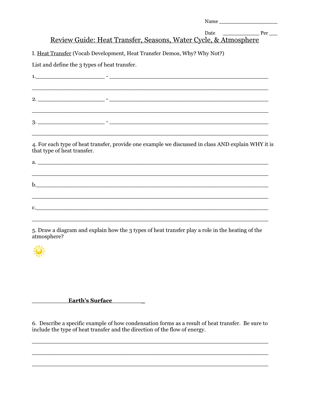 Review Guide: Heat Transfer, Seasons, Water Cycle, & Atmosphere