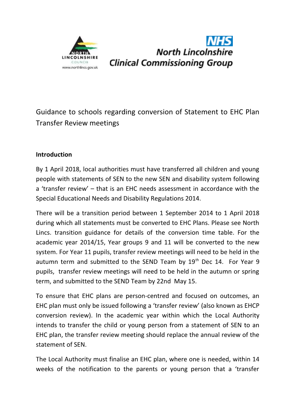 Guidance to Schools Regarding Conversion of Statement to Ehcplan Transfer Review Meetings