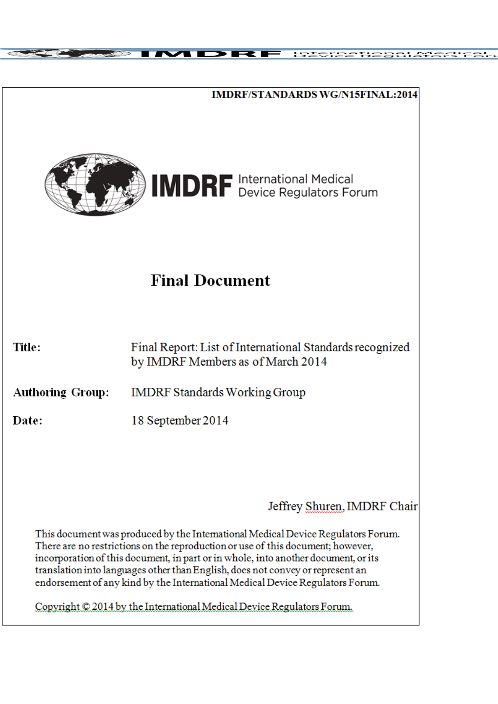 Standards WG: Final Report: 'List of International Standards Recognized by IMDRF Management