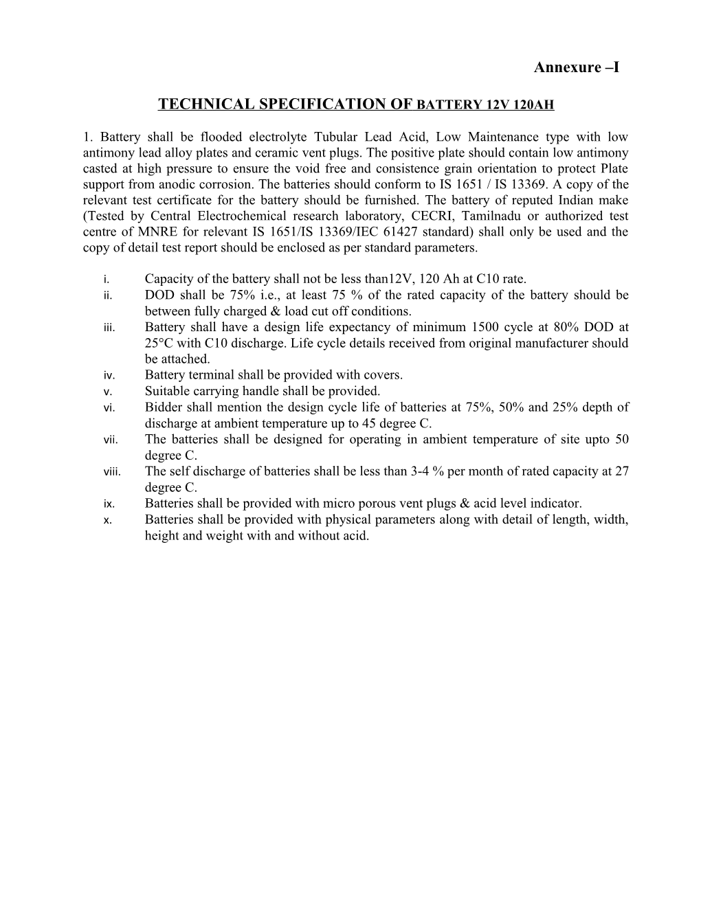 Technical Specification of Battery 12V 120Ah