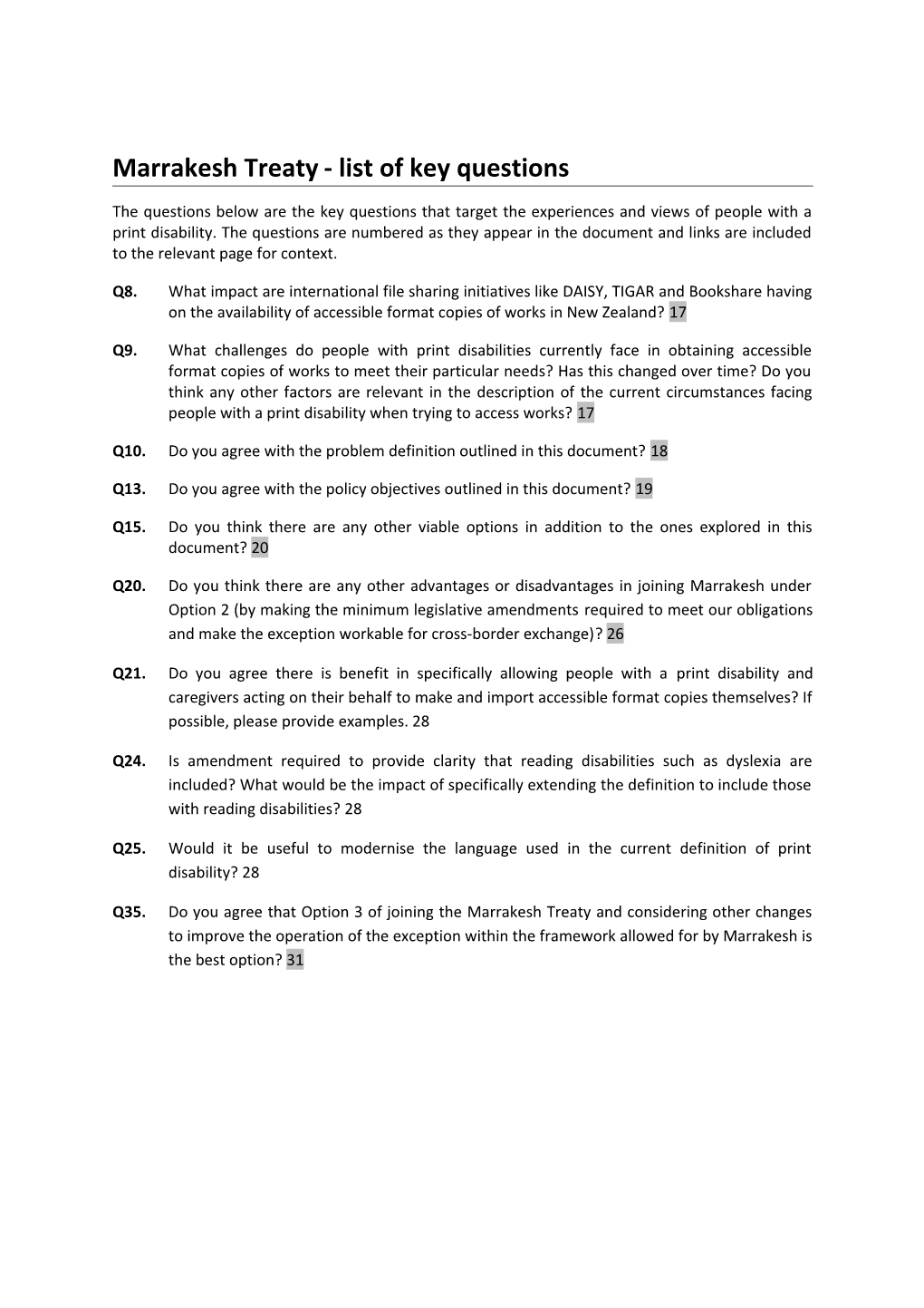 Marrakesh Treaty - List of Key Questions