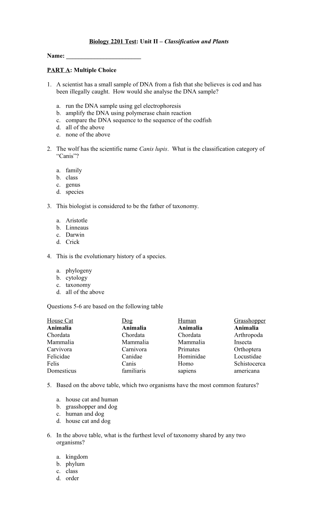 Biology 2201 Test: Unit II Classification and Plants