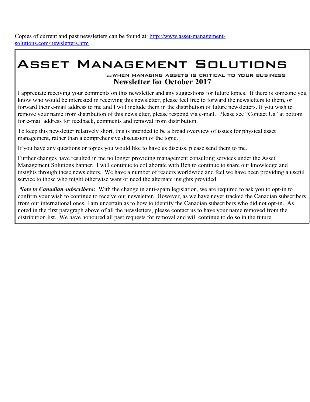 Asset Management Solutions Newsletter for October 2017