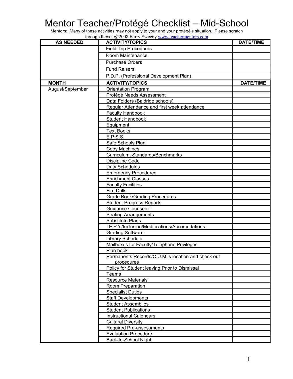 Mentor Teacher/Protégé Checklist Mid-School