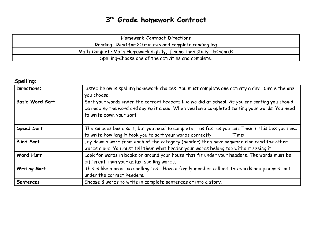 3Rd Grade Homework Contract
