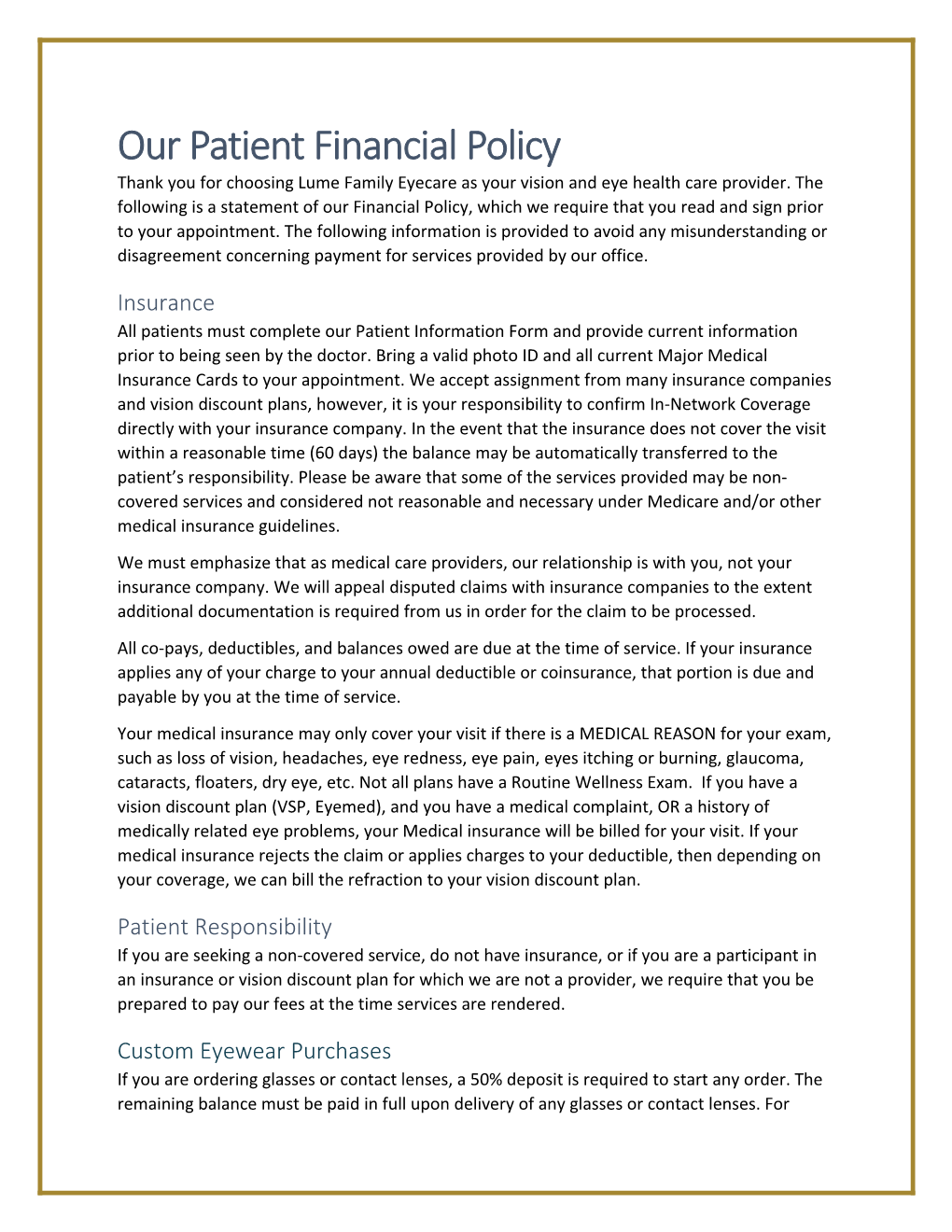Our Patient Financial Policy