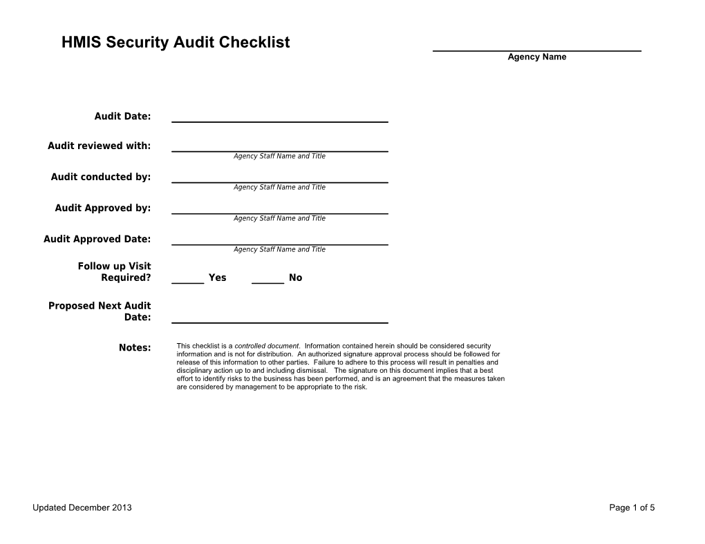 HMIS Security Audit Checklist