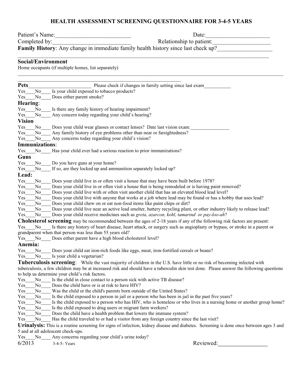 Health Assessment Screening Questionnaire for 3-4-5 Years