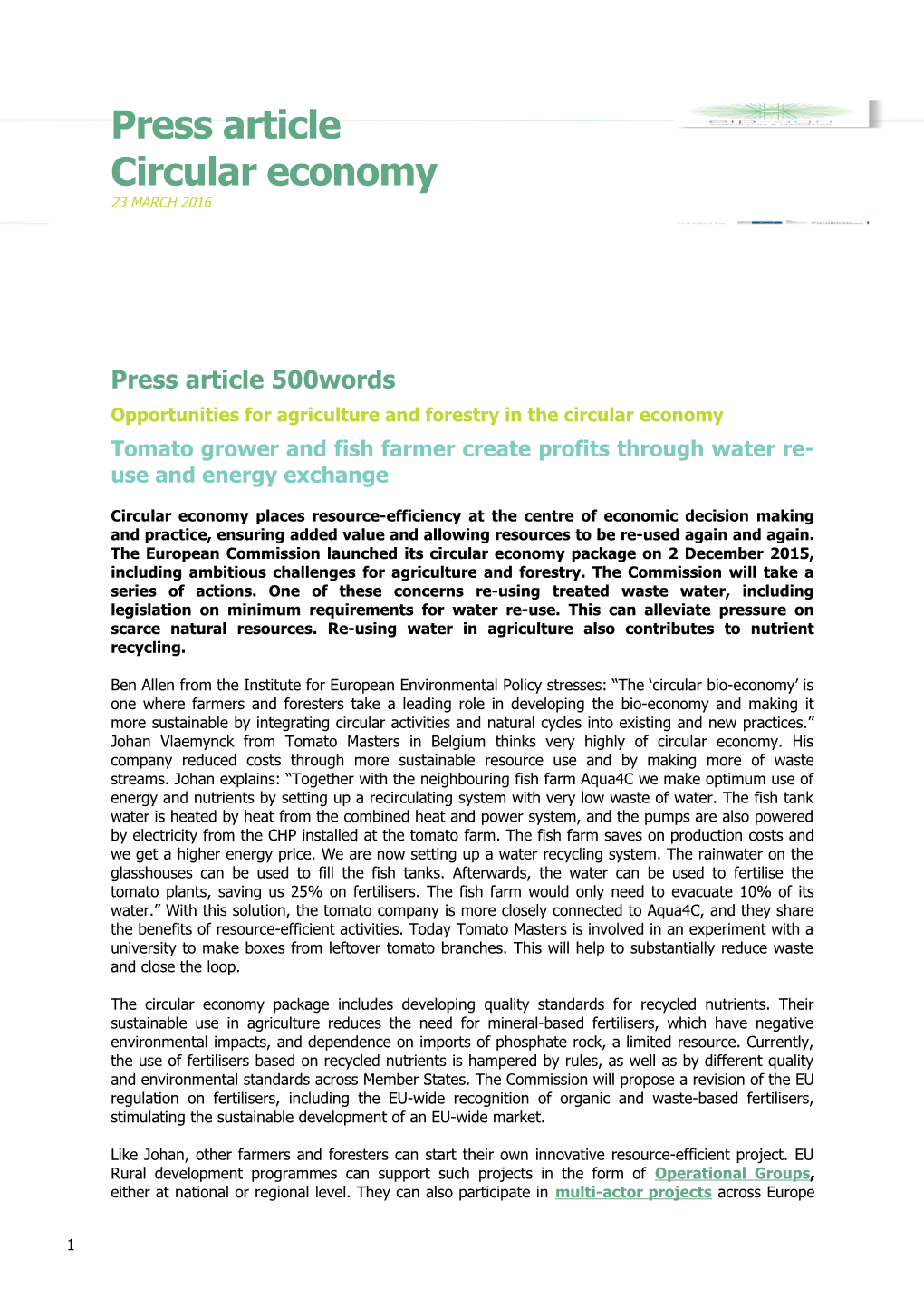 Opportunities for Agriculture and Forestry in the Circular Economy