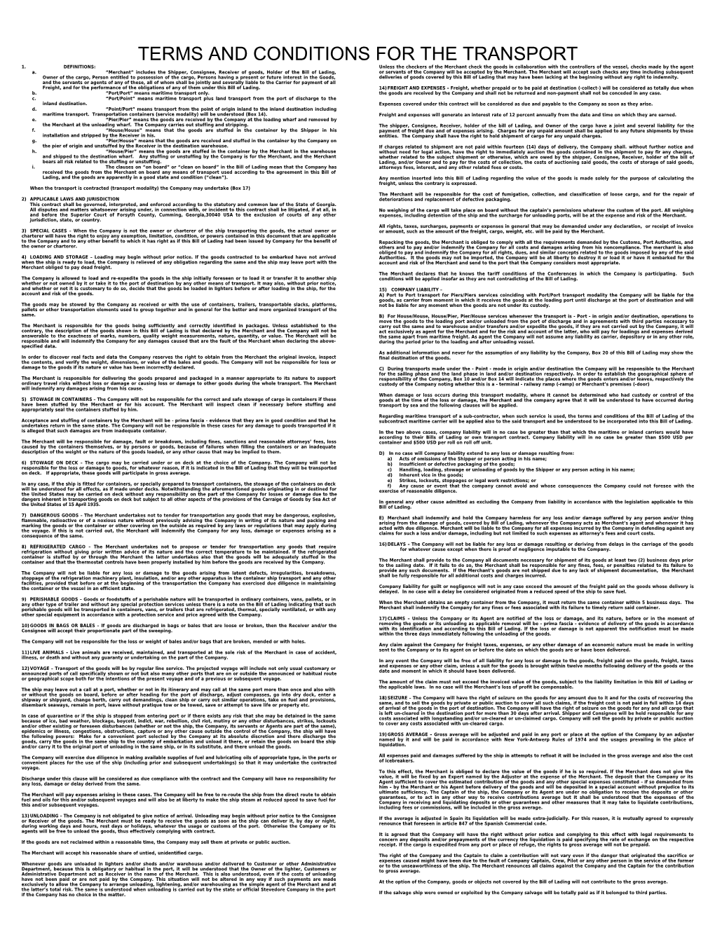 Terms and Conditions for the Transport