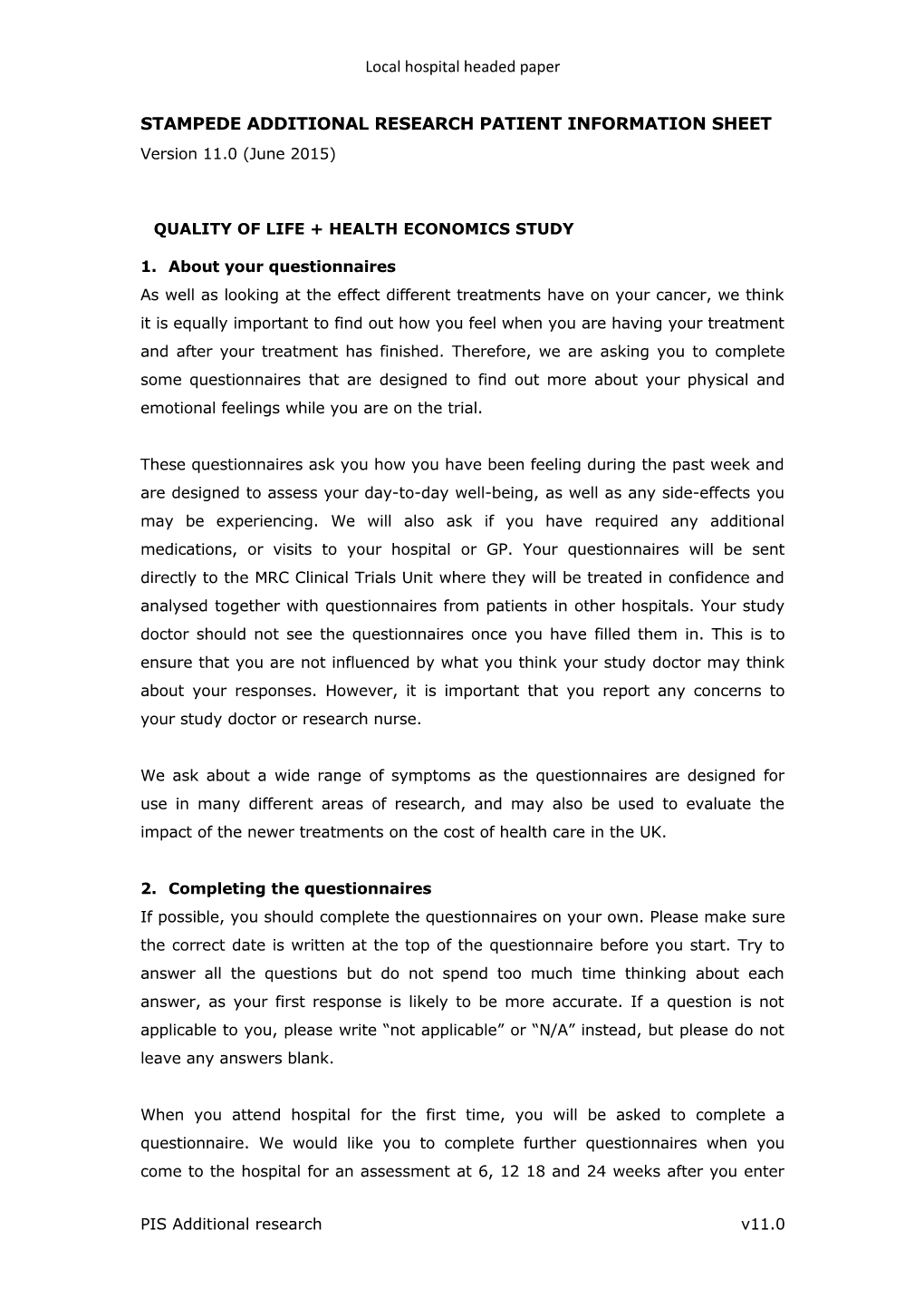 STAMPEDE ADDITIONAL RESEARCH PATIENT INFORMATION SHEET Type a (For Centres NOT Participating